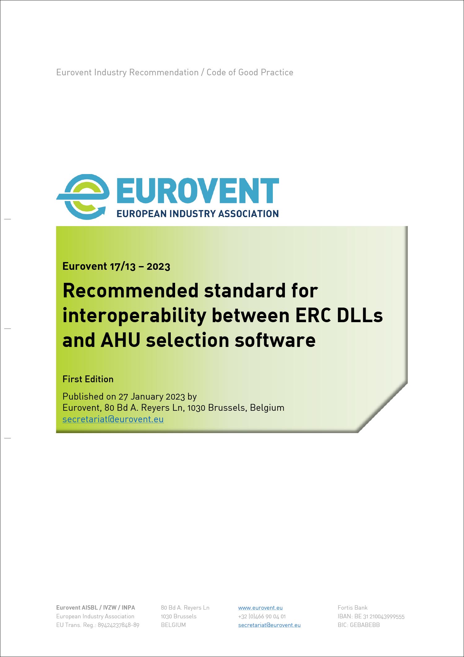 Eurovent 17/13 - 2023: Recommended standard for interoperability between ERC DLLs and AHU selection software - First Edition