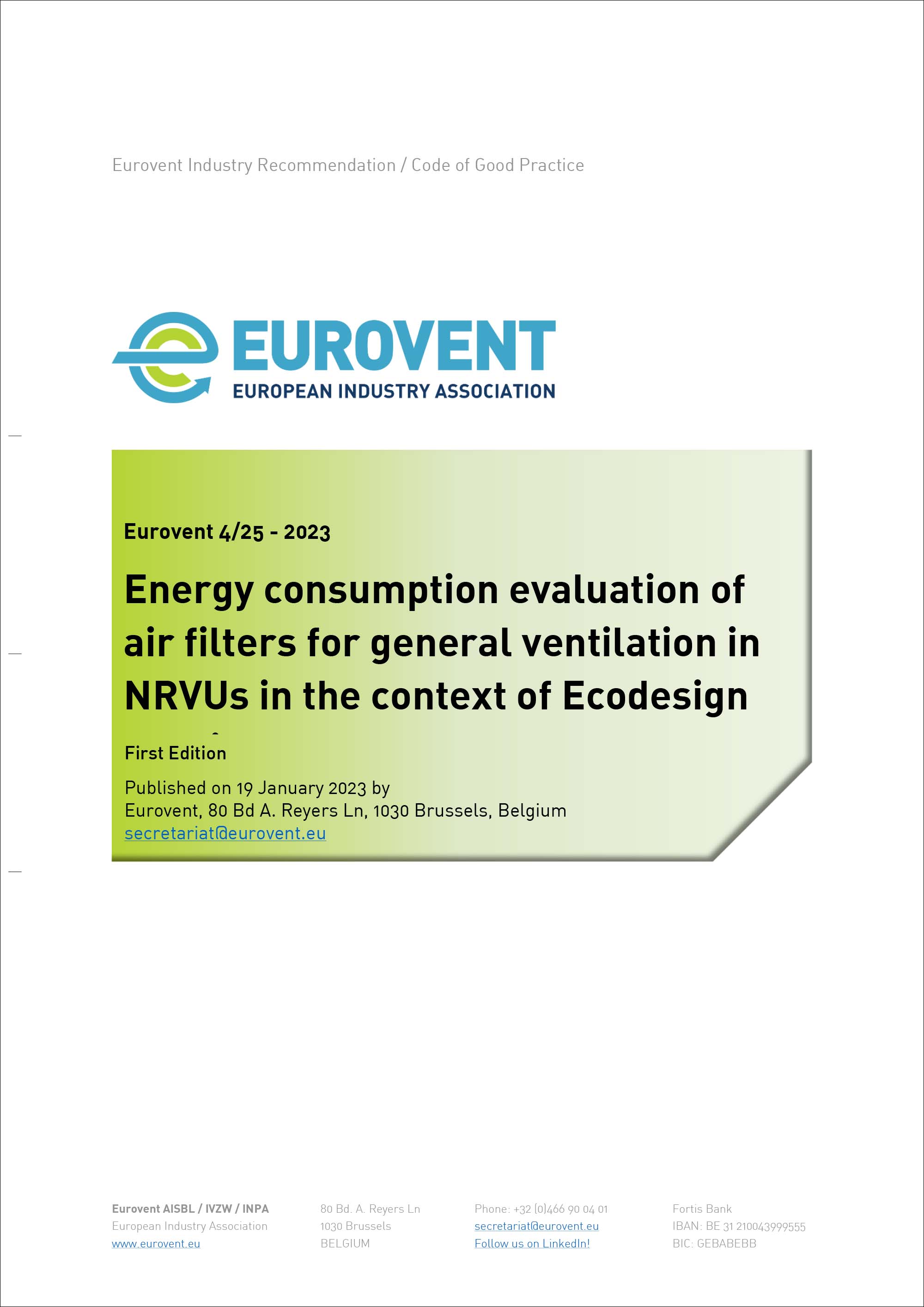 Eurovent 4/25 - 2023: Energy consumption evaluation of air filters for general ventilation in NRVUs in the context of Ecodesign requirements - First Edition - English